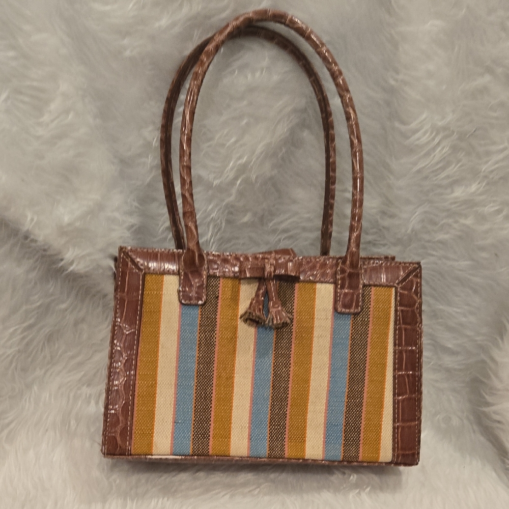 Liz Claiborne Striped Satchel – Faux Croc Leather Trim